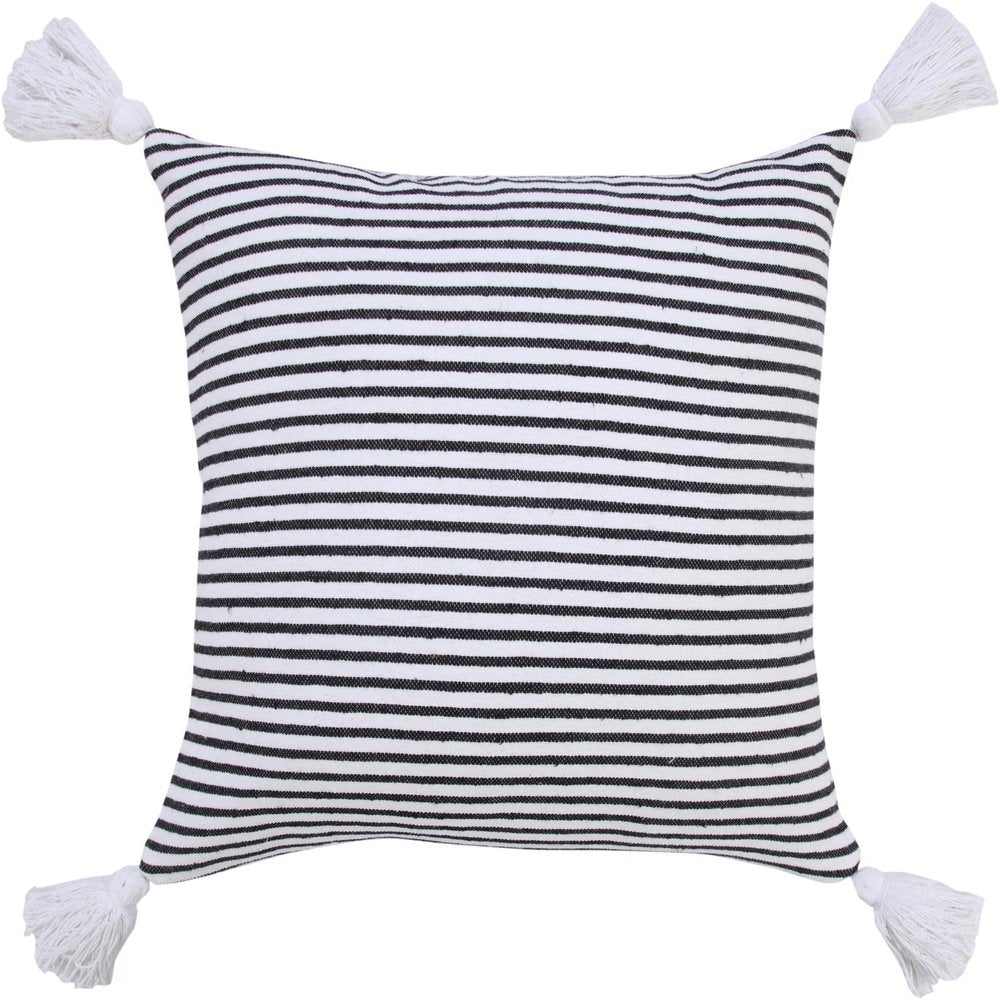 20" Black And White Striped Cotton Throw Pillow Cover with Tassels