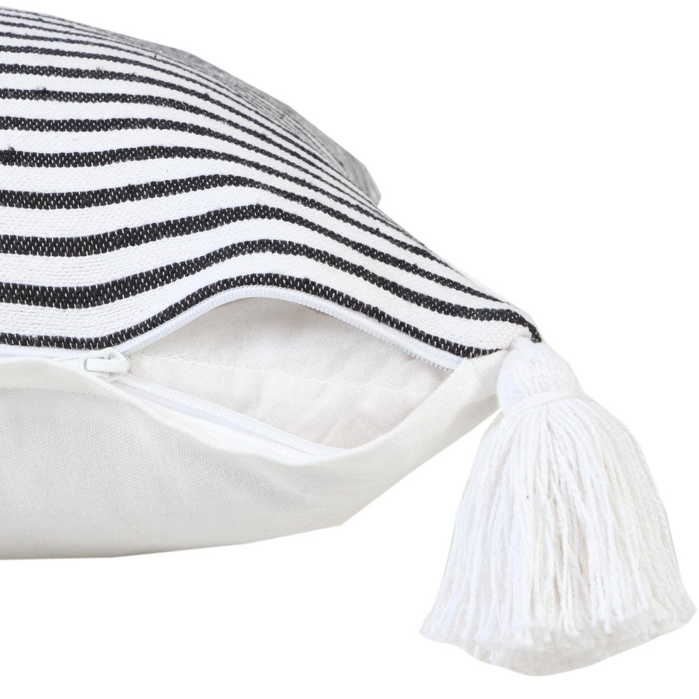 20" Black And White Striped Cotton Throw Pillow Cover with Tassels