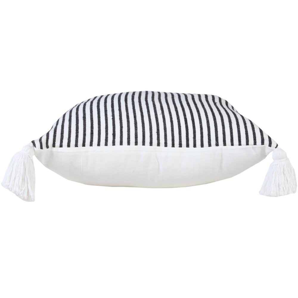 20" Black And White Striped Cotton Throw Pillow Cover with Tassels — view 6