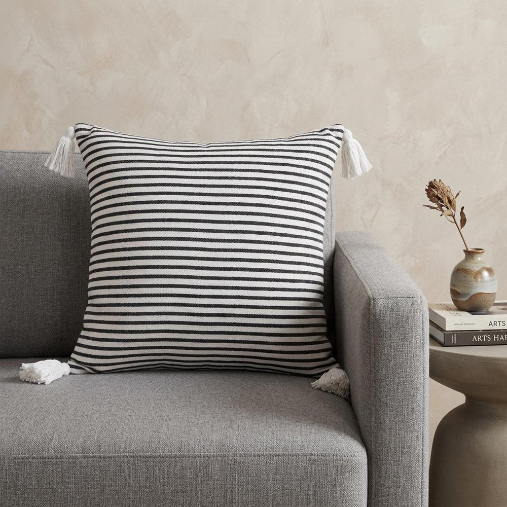 20" Black And White Striped Cotton Throw Pillow Cover with Tassels — view 9
