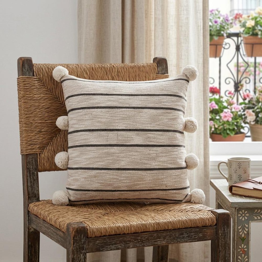 20" Beige Black And White Striped Cotton Blend Throw Pillow Cover with Pompoms — view 2