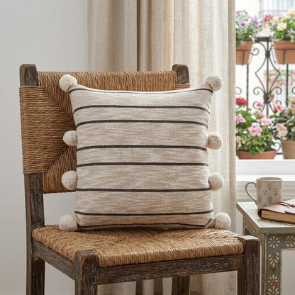 20" Beige Black And White Striped Cotton Blend Throw Pillow Cover with Pompoms