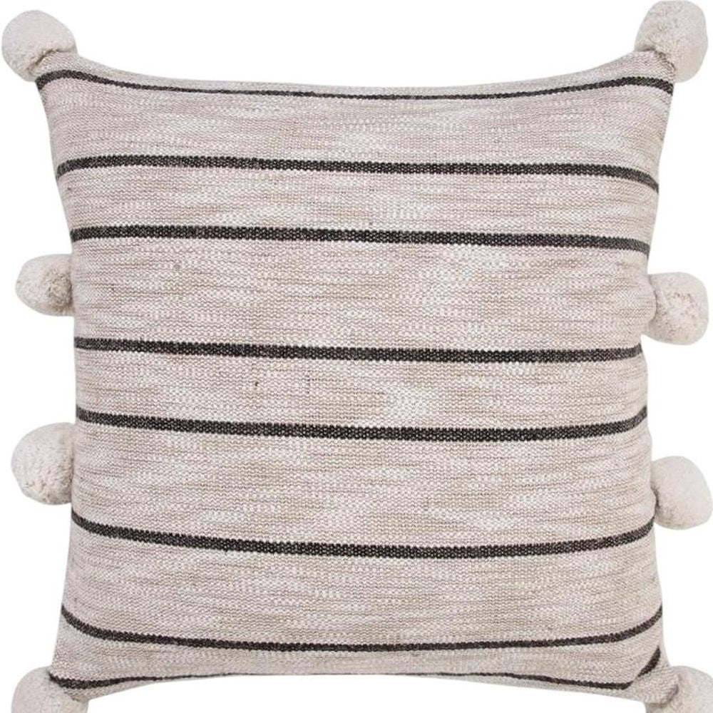 20" Beige Black And White Striped Cotton Blend Throw Pillow Cover with Pompoms — view 4