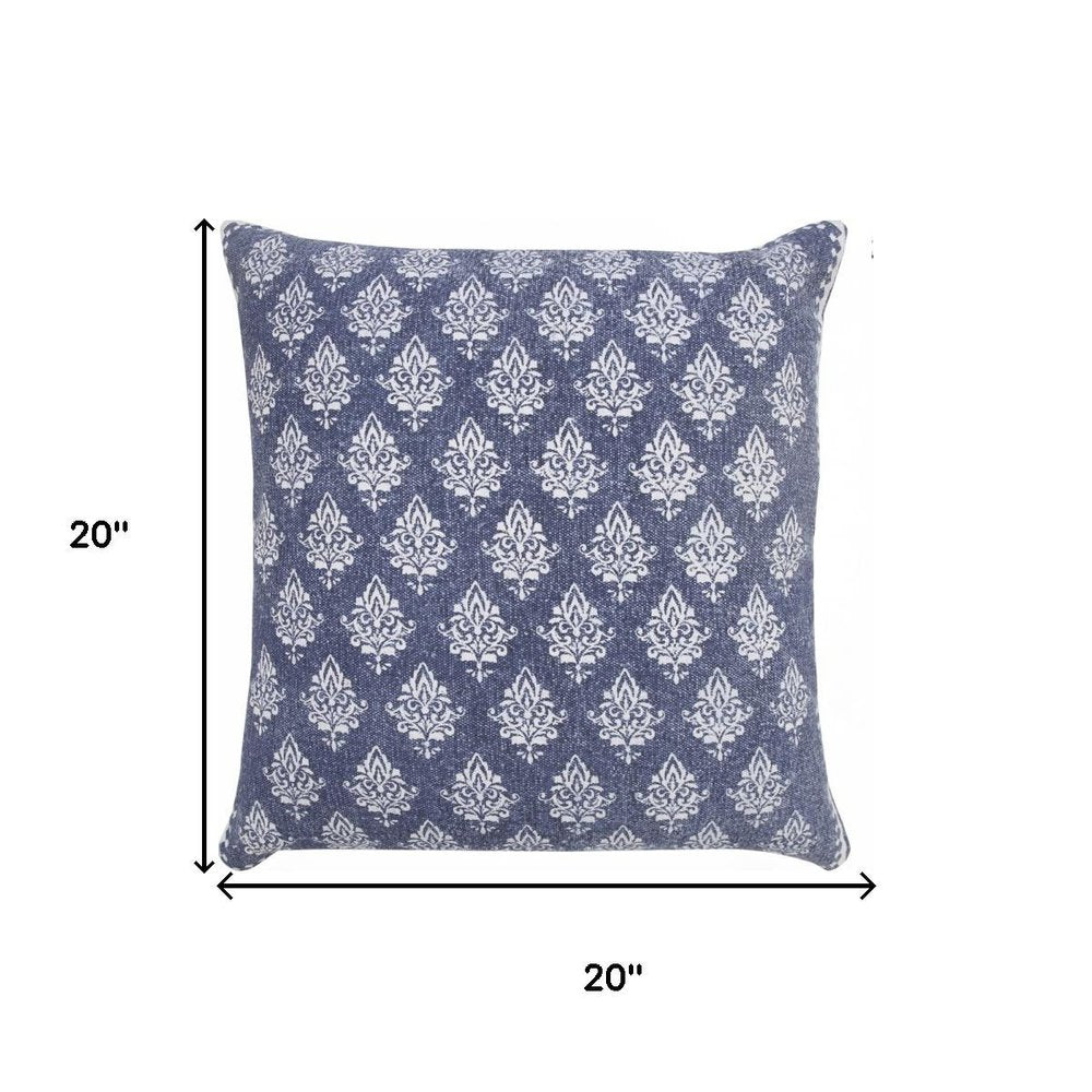 20" Blue And White Damask Cotton Throw Pillow Cover — view 7