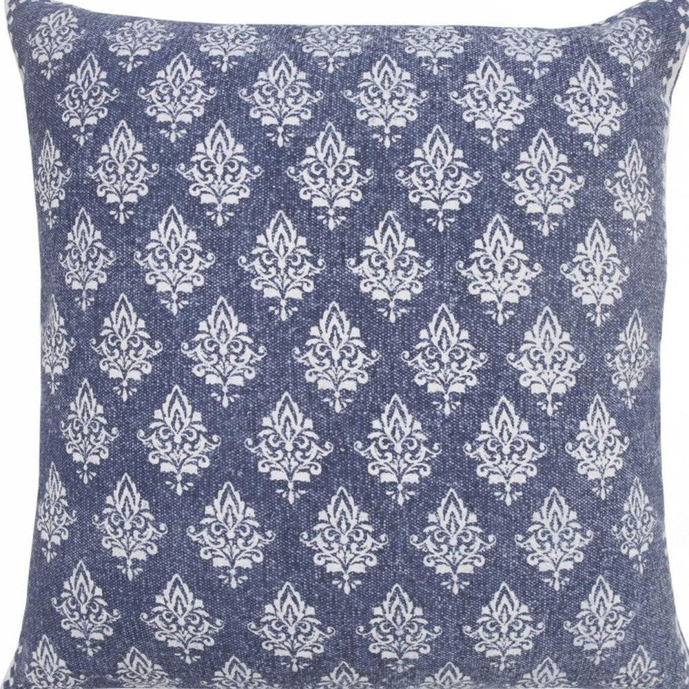 20" Blue And White Damask Cotton Throw Pillow Cover — view 6