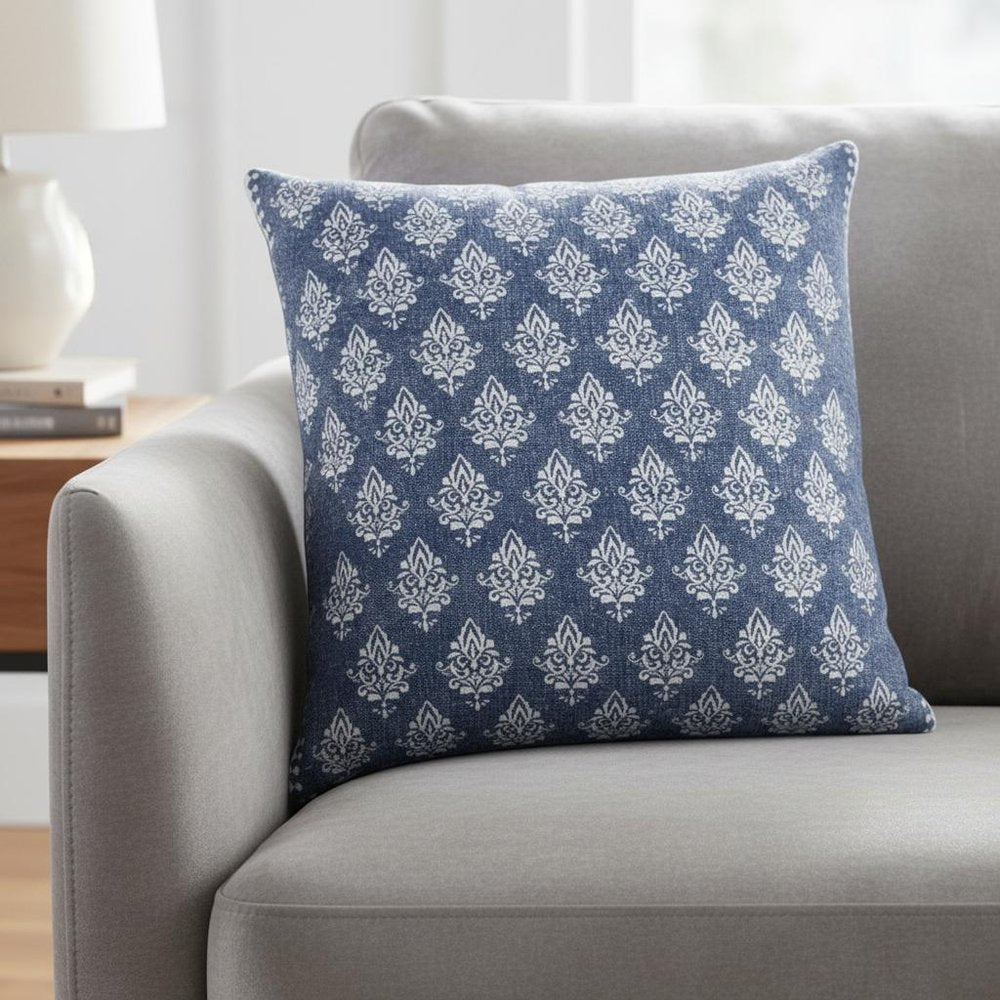20" Blue And White Damask Cotton Throw Pillow Cover — view 8