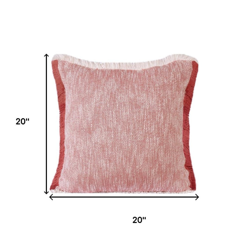 20" Red And White Color Block Cotton Throw Pillow Cover with Fringe — view 8