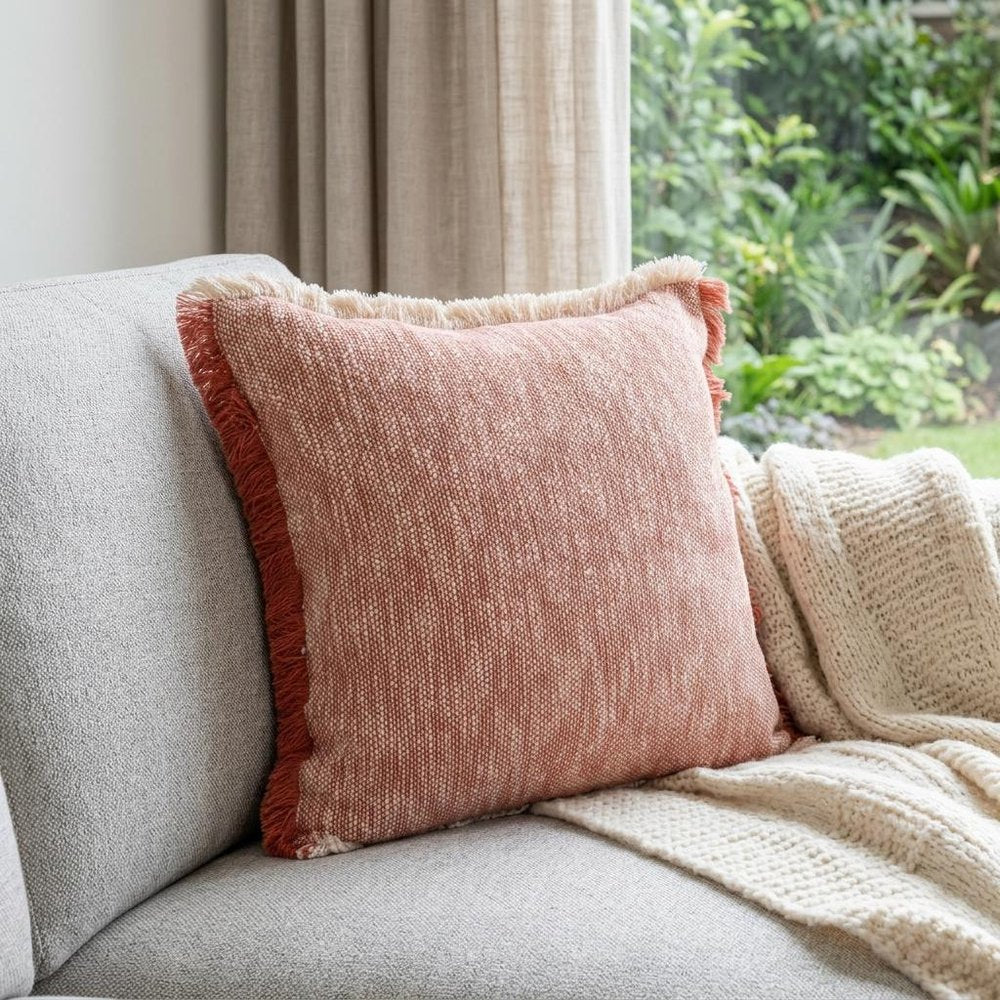 20" Red And White Color Block Cotton Throw Pillow Cover with Fringe — view 9