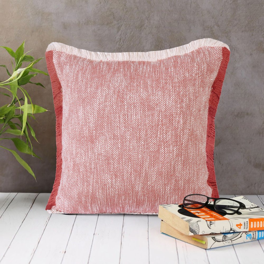 20" Red And White Color Block Cotton Throw Pillow Cover with Fringe — view 2