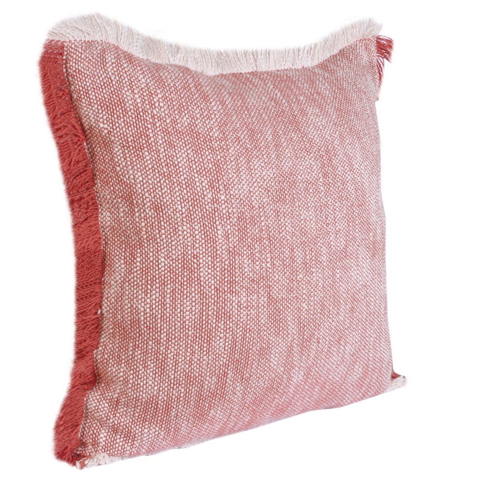 20" Red And White Color Block Cotton Throw Pillow Cover with Fringe — view 3