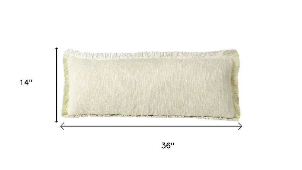 14" X 36" White And Yellow Lumbar Cotton Throw Pillow Cover with Fringe — view 9