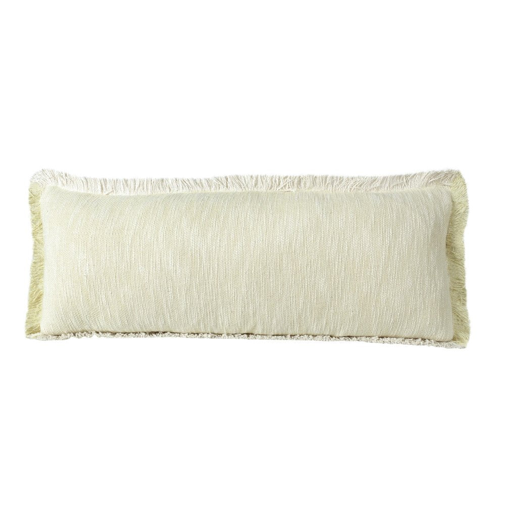 14" X 36" White And Yellow Lumbar Cotton Throw Pillow Cover with Fringe — view 1