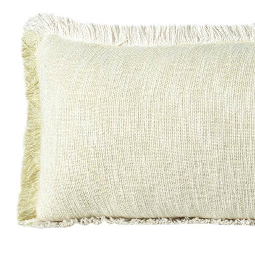 14" X 36" White And Yellow Lumbar Cotton Throw Pillow Cover with Fringe