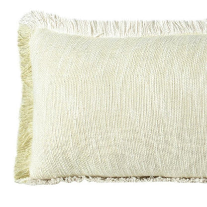 14" X 36" White And Yellow Lumbar Cotton Throw Pillow Cover with Fringe