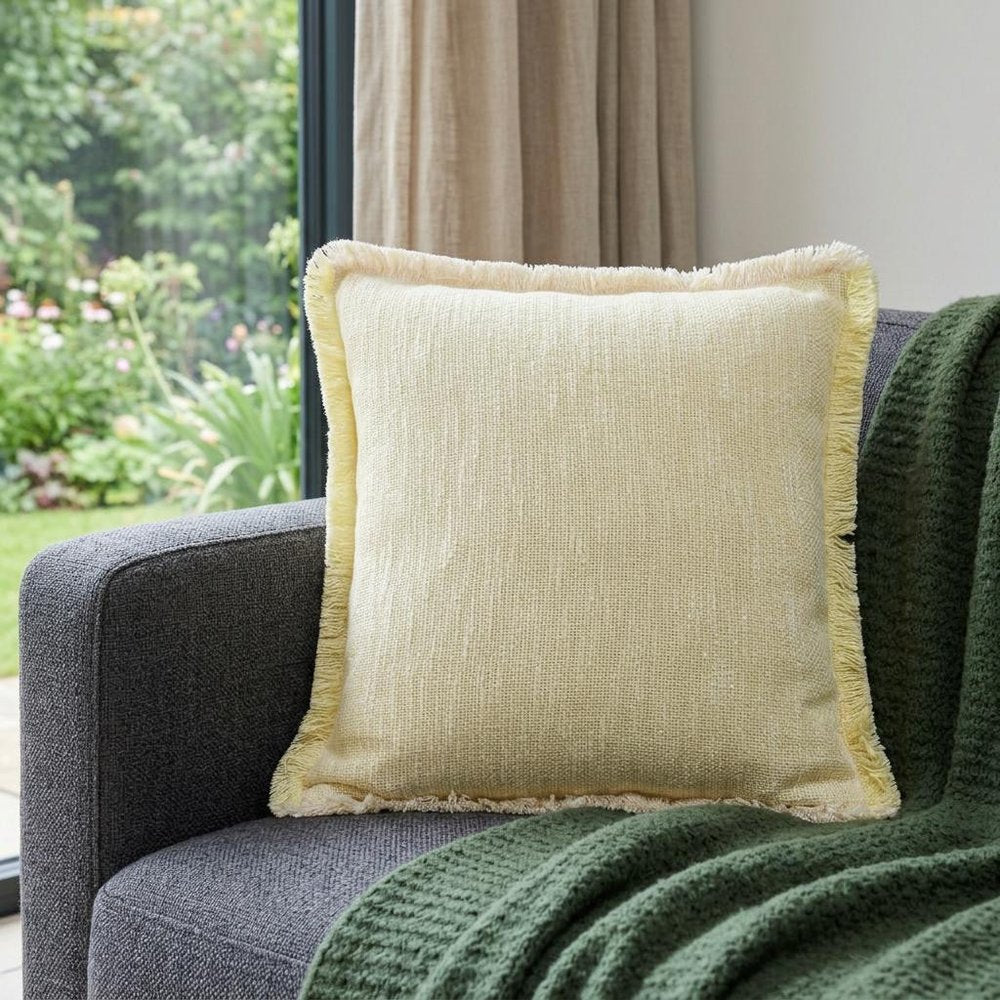20" White And Yellow Cotton Throw Pillow Cover with Fringe — view 7