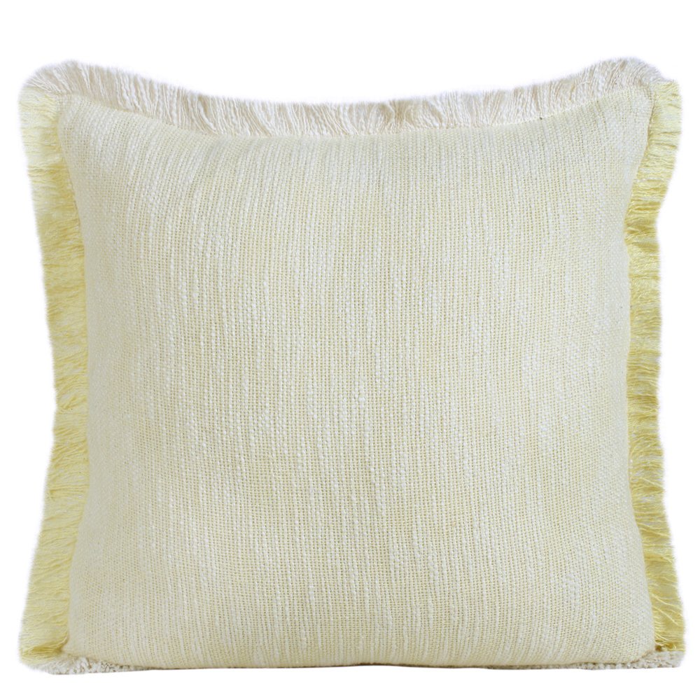 20" White And Yellow Cotton Throw Pillow Cover with Fringe — view 1