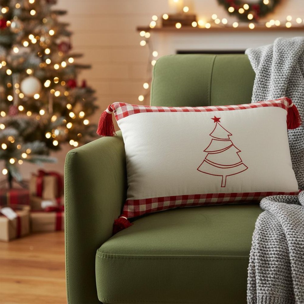 16" X 24" Red And White Lumbar Christmas Tree Plaid Cotton Throw Pillow Cover — view 9