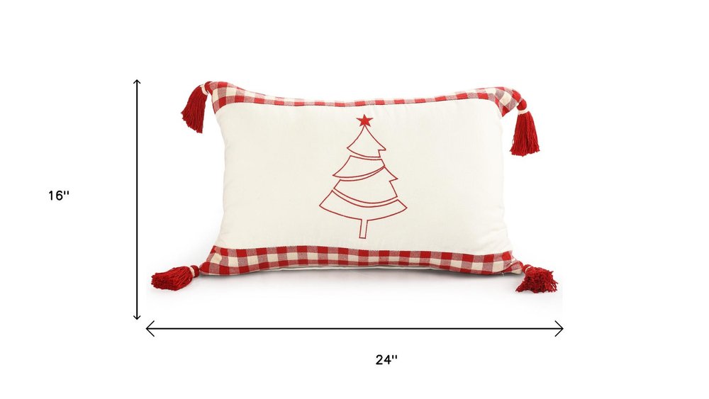 16" X 24" Red And White Lumbar Christmas Tree Plaid Cotton Throw Pillow Cover — view 8
