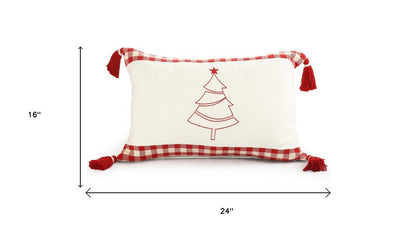 16" X 24" Red And White Lumbar Christmas Tree Plaid Cotton Throw Pillow Cover
