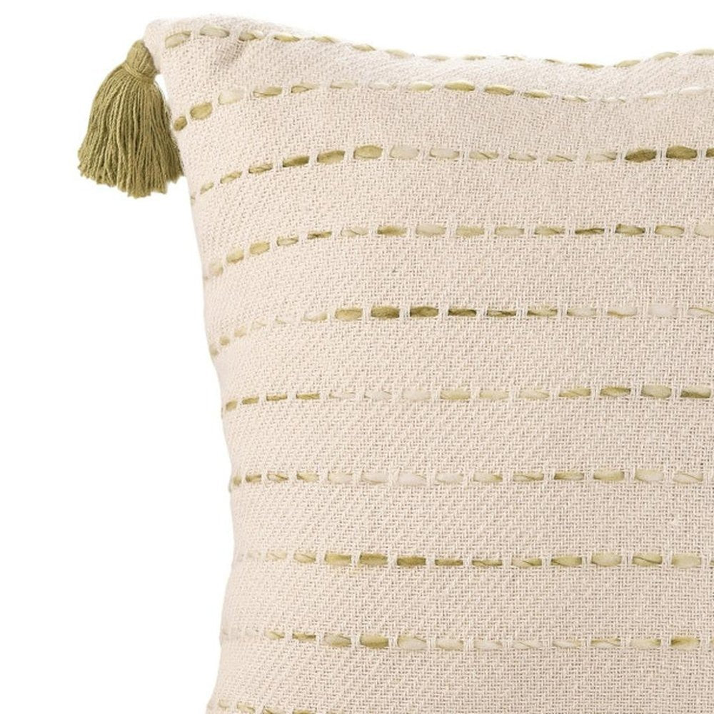 20" Green And Ivory Striped Cotton Blend Throw Pillow Cover with Tassels — view 7