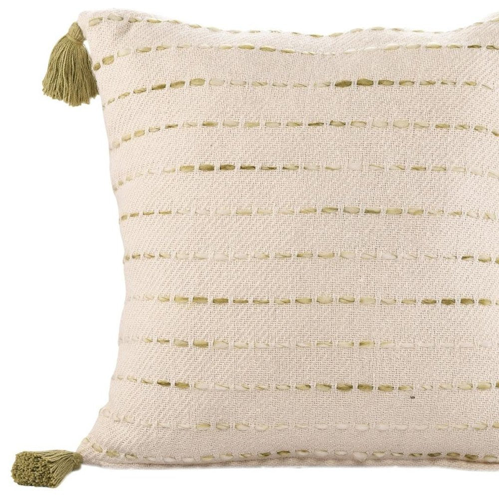 20" Green And Ivory Striped Cotton Blend Throw Pillow Cover with Tassels — view 8