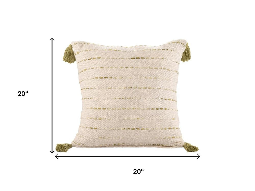 20" Green And Ivory Striped Cotton Blend Throw Pillow Cover with Tassels — view 9