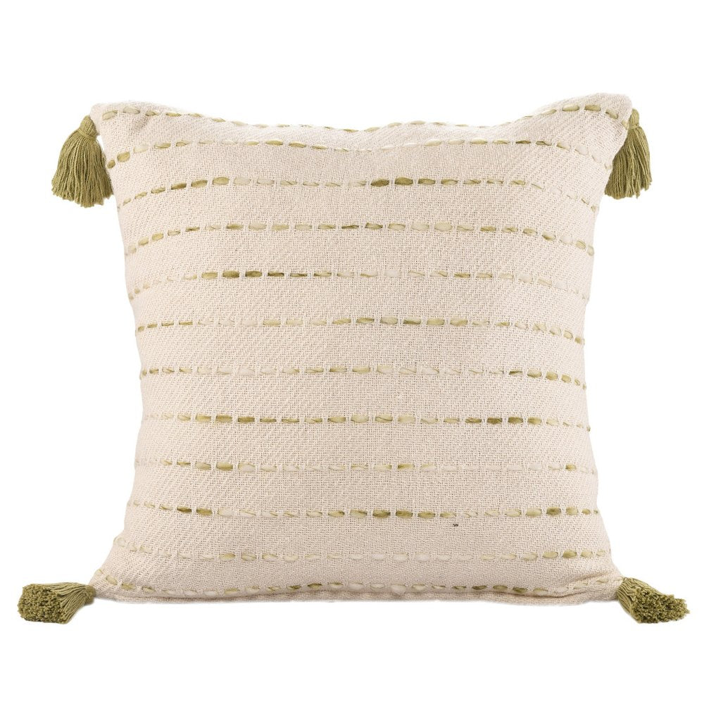20" Green And Ivory Striped Cotton Blend Throw Pillow Cover with Tassels — view 1