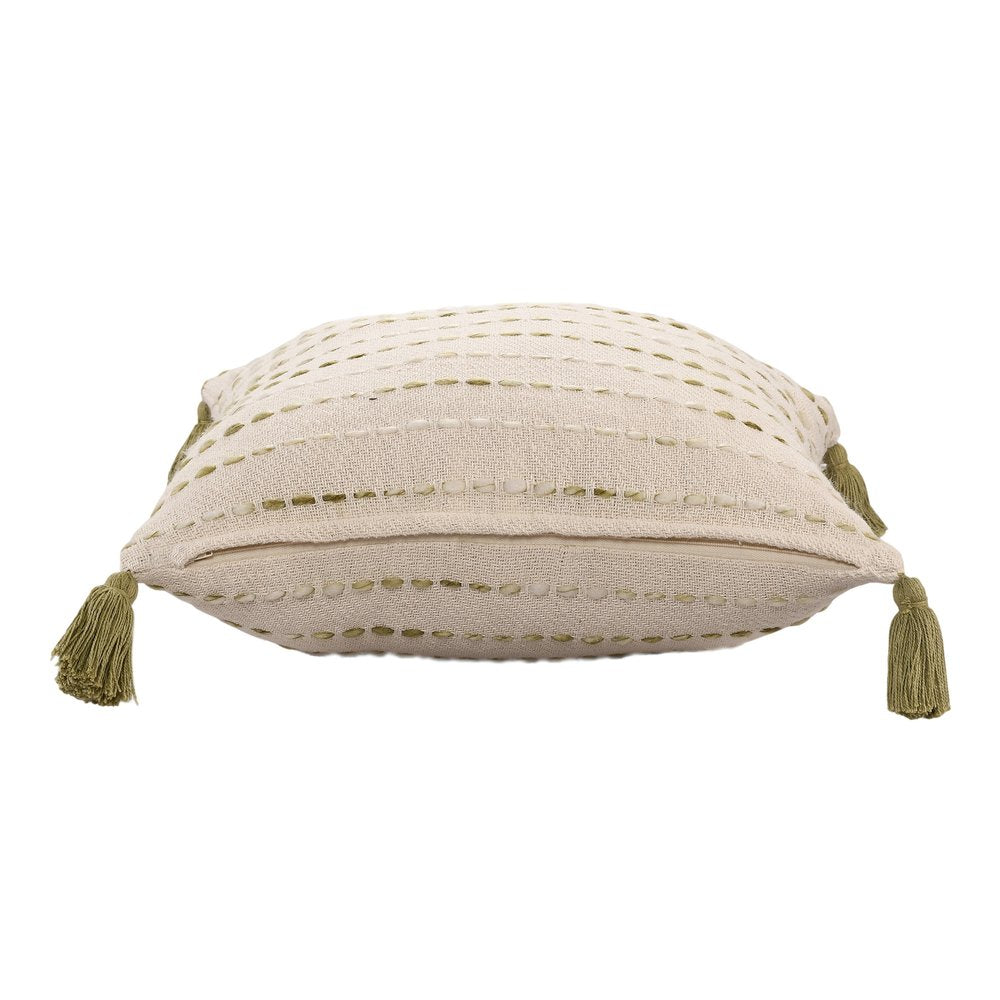 20" Green And Ivory Striped Cotton Blend Throw Pillow Cover with Tassels — view 2