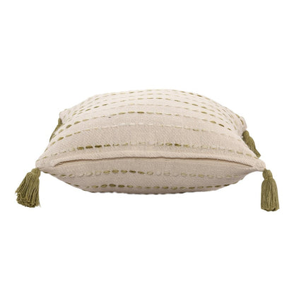 20" Green And Ivory Striped Cotton Blend Throw Pillow Cover with Tassels