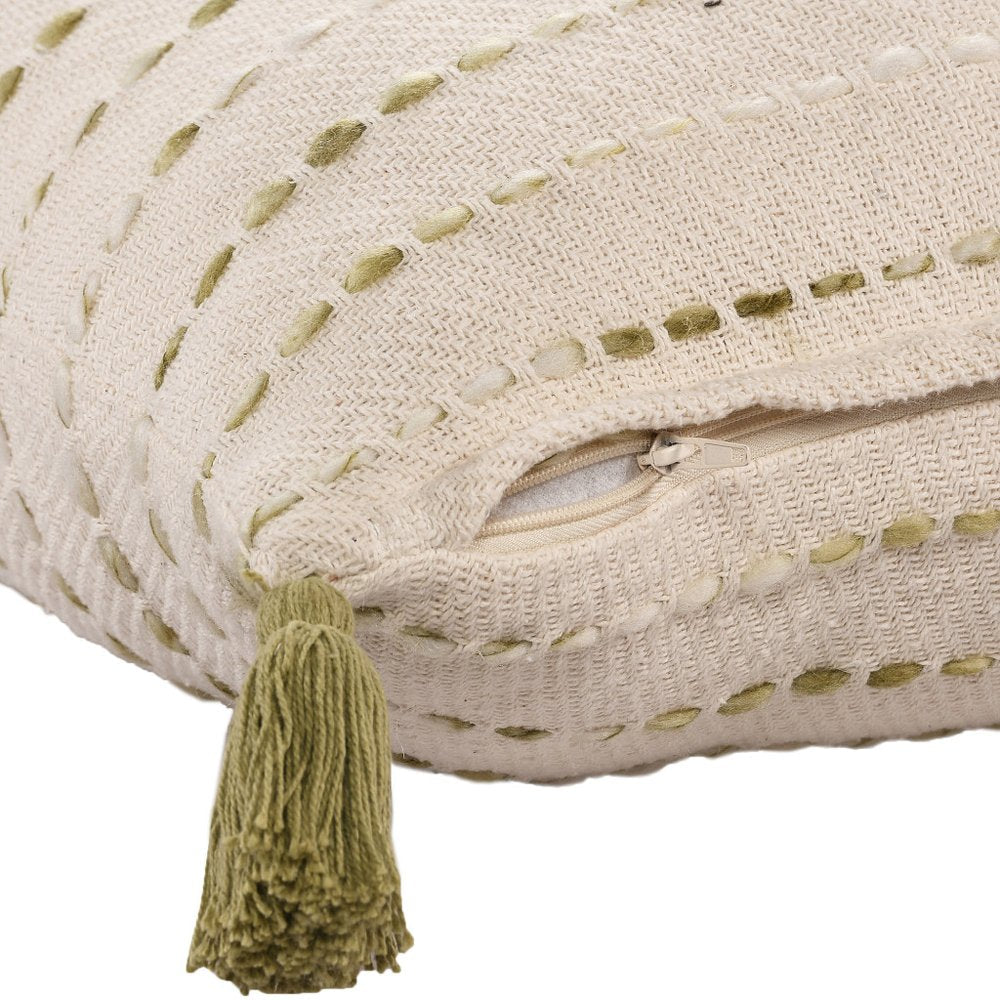 20" Green And Ivory Striped Cotton Blend Throw Pillow Cover with Tassels — view 3
