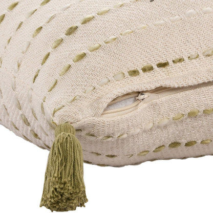 20" Green And Ivory Striped Cotton Blend Throw Pillow Cover with Tassels