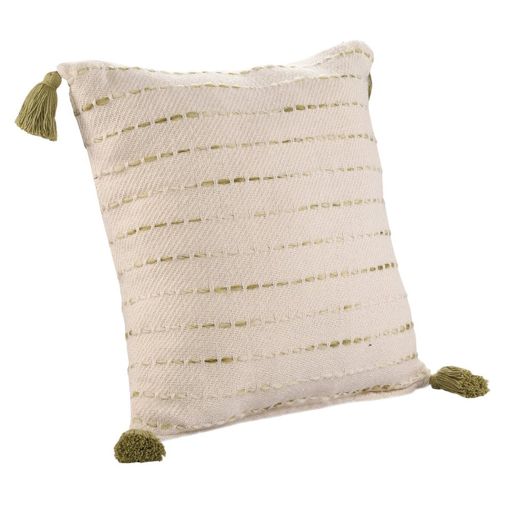 20" Green And Ivory Striped Cotton Blend Throw Pillow Cover with Tassels — view 4