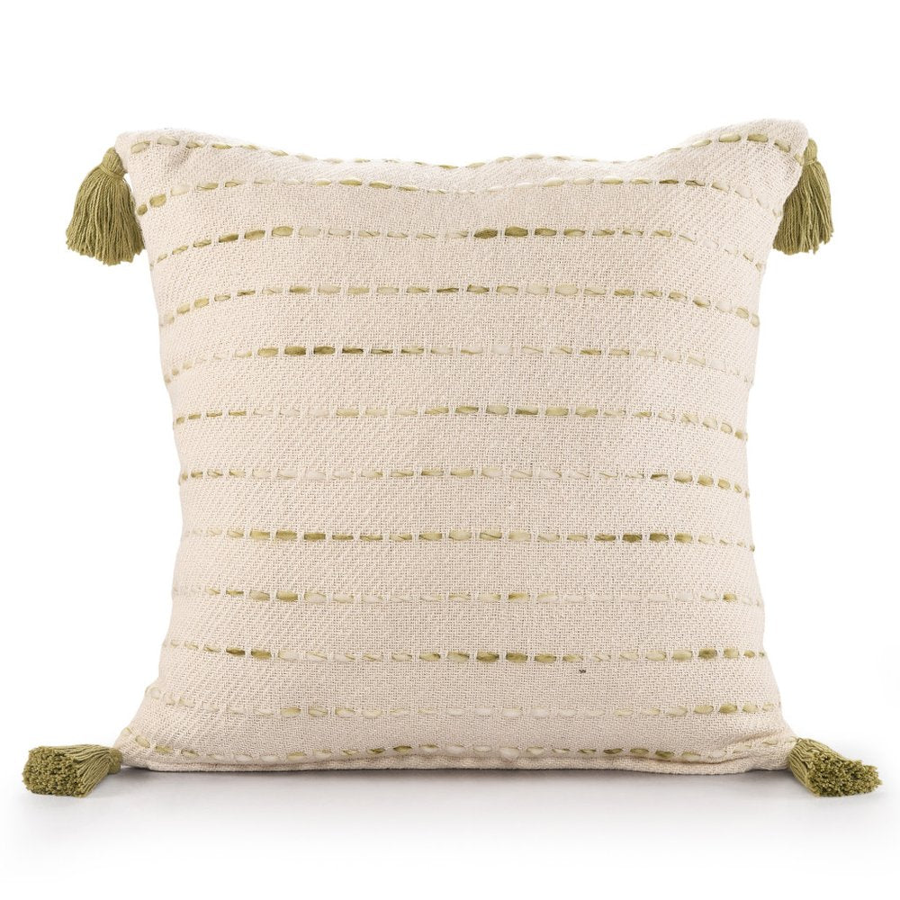 20" Green And Ivory Striped Cotton Blend Throw Pillow Cover with Tassels — view 5