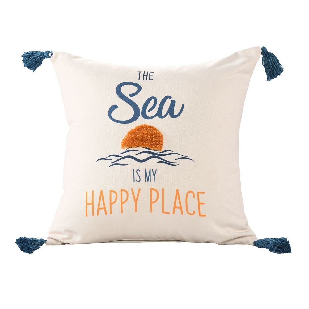 18" Navy Blue Off White And Yellow The Sea is My Happy Place Beach Nautical Throw Pillow Cover — view 1