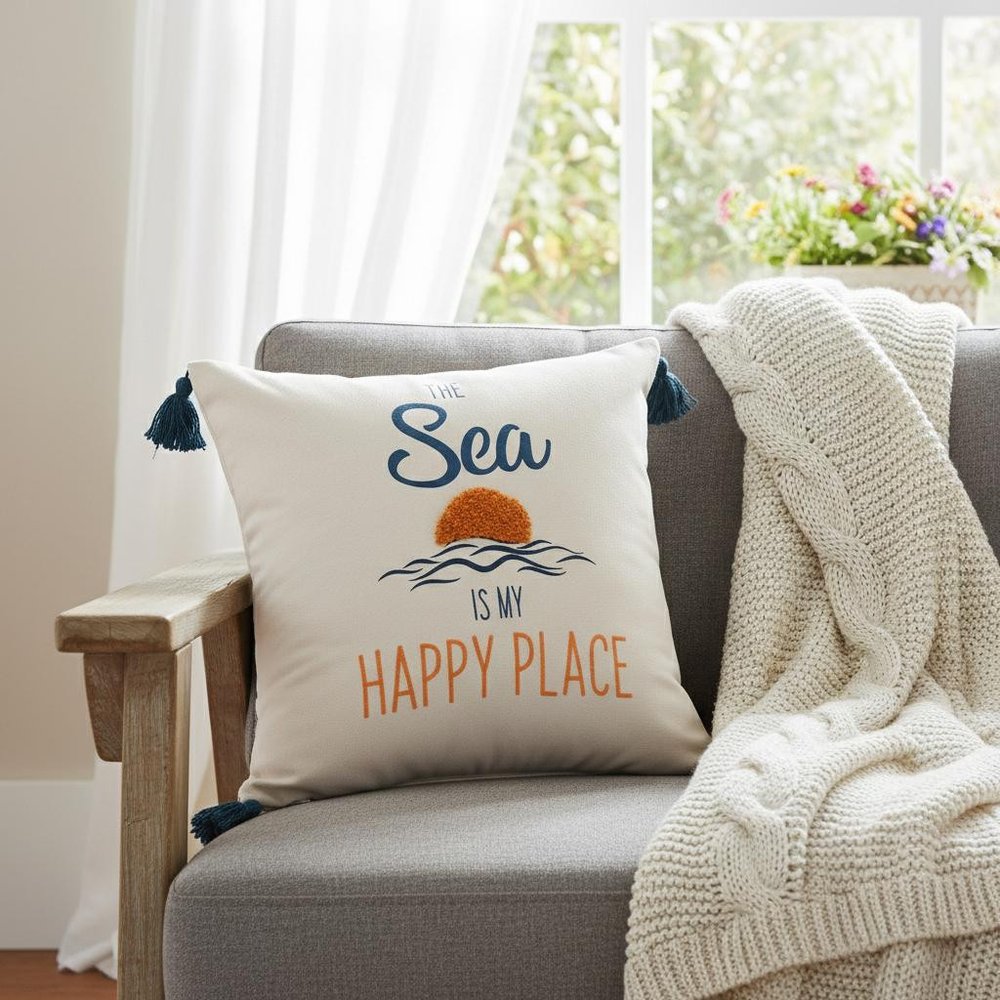 18" Navy Blue Off White And Yellow The Sea is My Happy Place Beach Nautical Throw Pillow Cover — view 5
