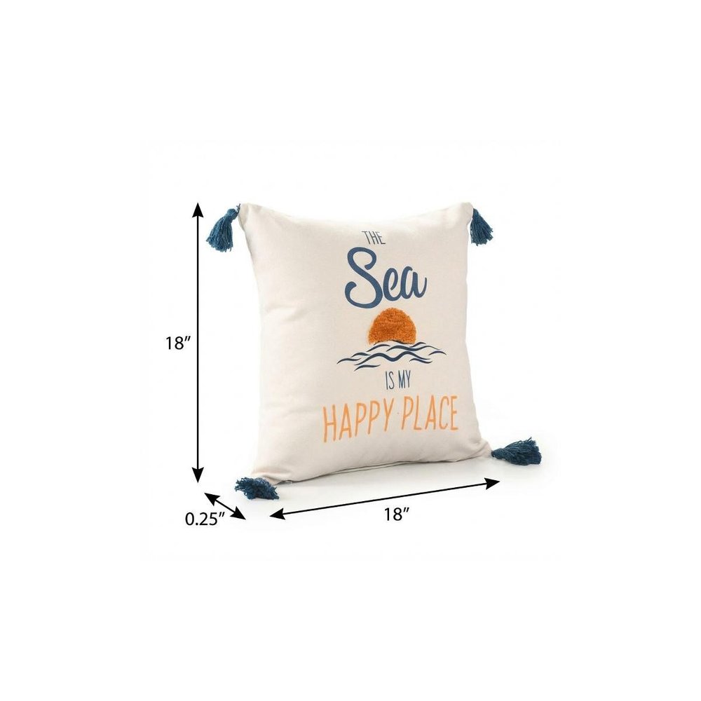 18" Navy Blue Off White And Yellow The Sea is My Happy Place Beach Nautical Throw Pillow Cover — view 4