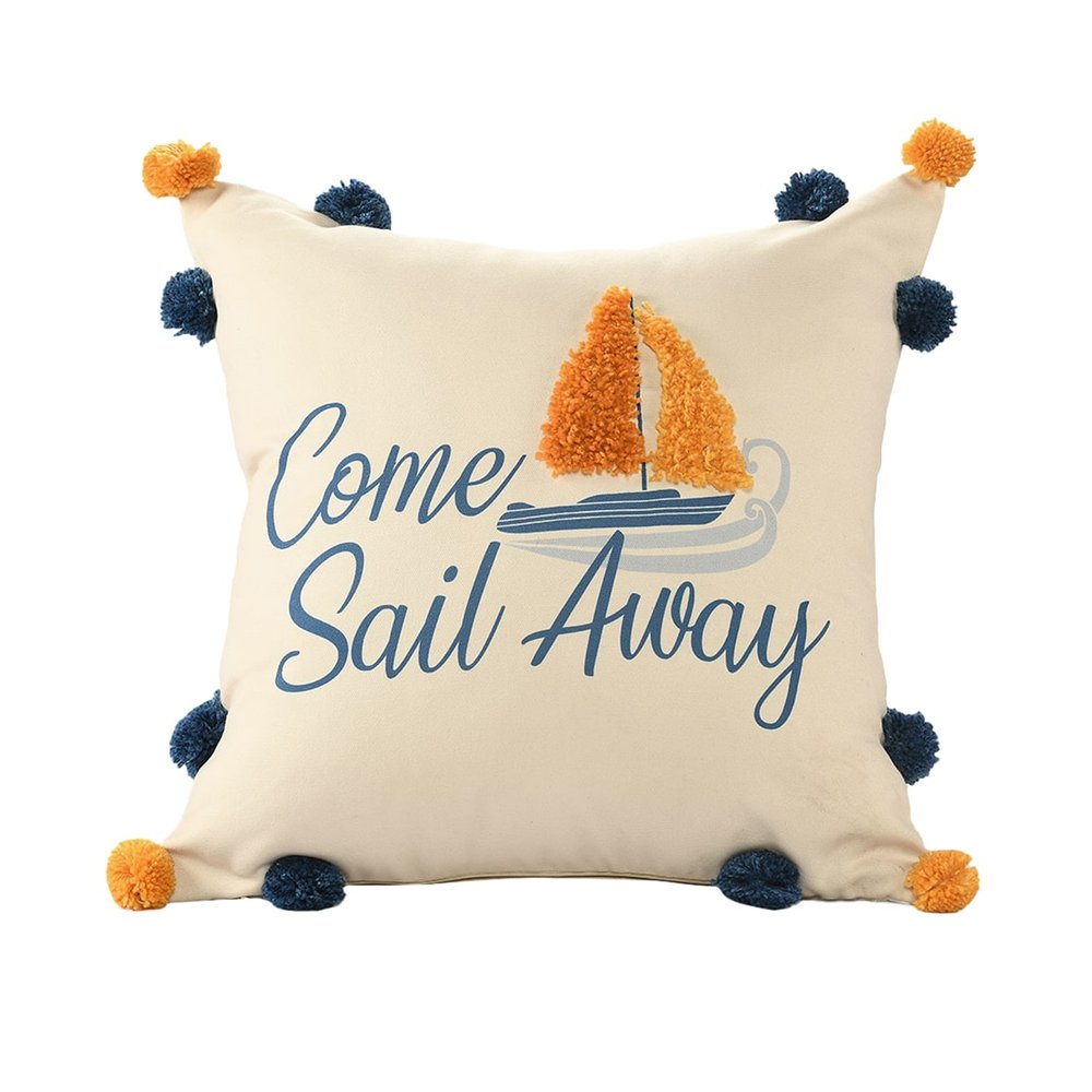 18" Cream Navy Blue And Orange Come Sail Away Beach Nautical Throw Pillow Cover — view 1
