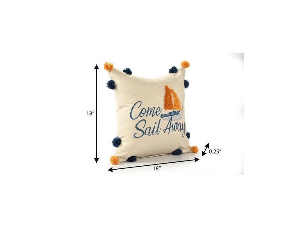 18" Cream Navy Blue And Orange Come Sail Away Beach Nautical Throw Pillow Cover — view 2