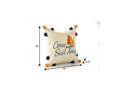 18" Cream Navy Blue And Orange Come Sail Away Beach Nautical Throw Pillow Cover