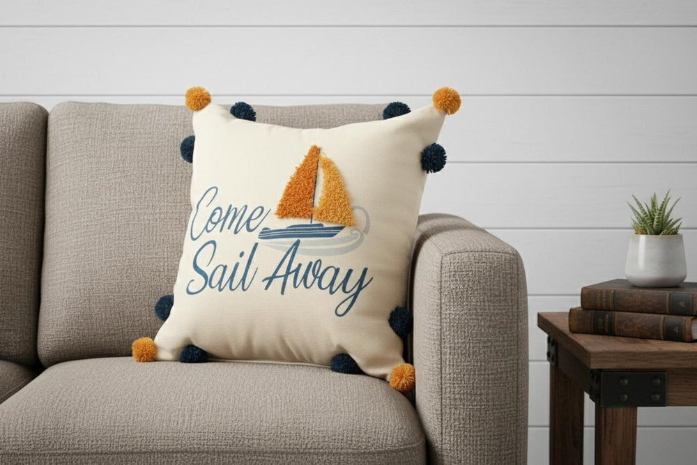 18" Cream Navy Blue And Orange Come Sail Away Beach Nautical Throw Pillow Cover — view 3