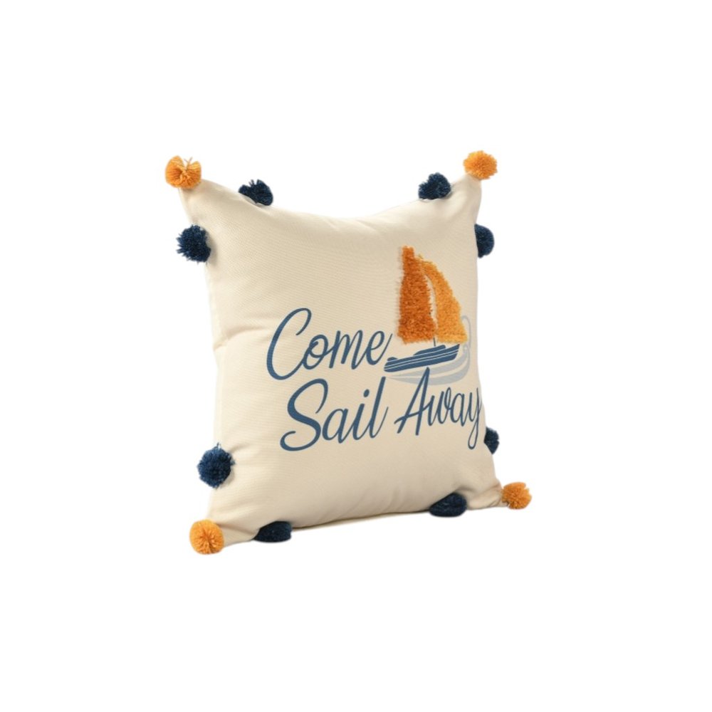 18" Cream Navy Blue And Orange Come Sail Away Beach Nautical Throw Pillow Cover — view 6