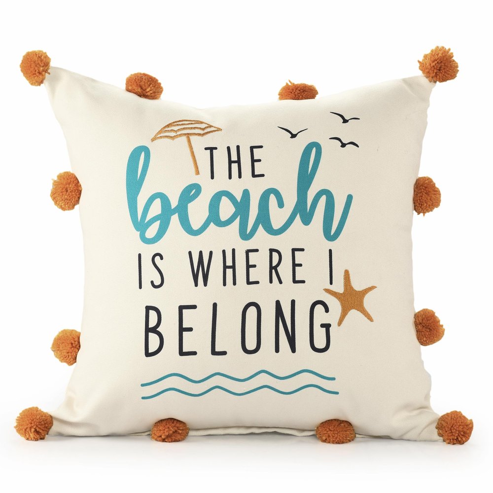 18" Beige And Orange The Beach is Where I Belong Throw Pillow