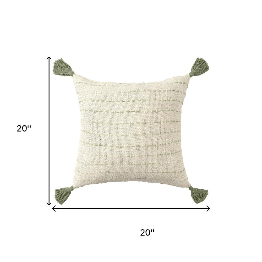 20" Sage And Ivory Striped Cotton Blend Throw Pillow with Tassels