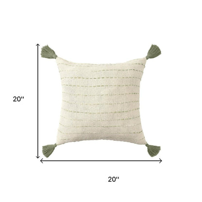 20" Sage And Ivory Striped Cotton Blend Throw Pillow with Tassels