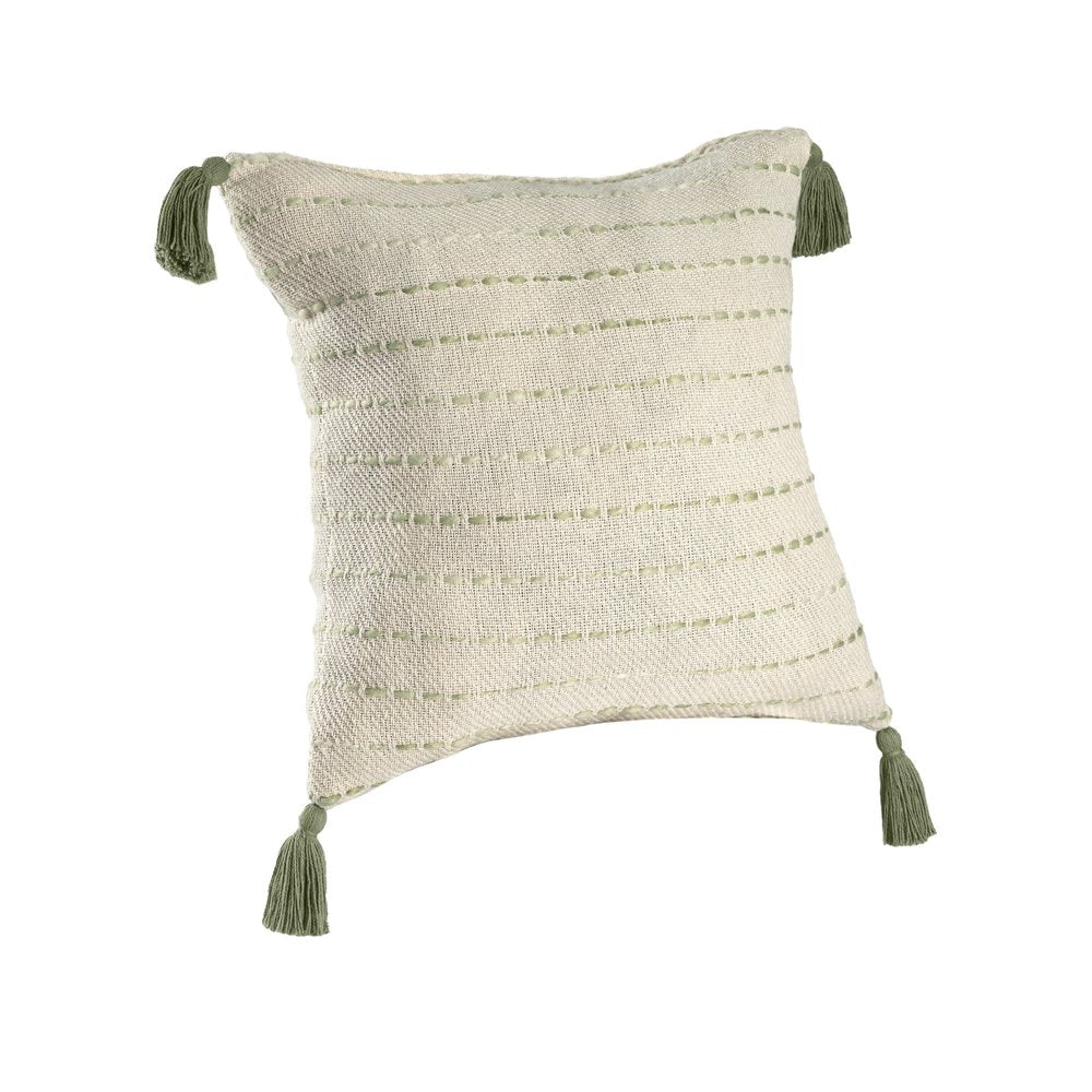 20" Sage And Ivory Striped Cotton Blend Throw Pillow with Tassels