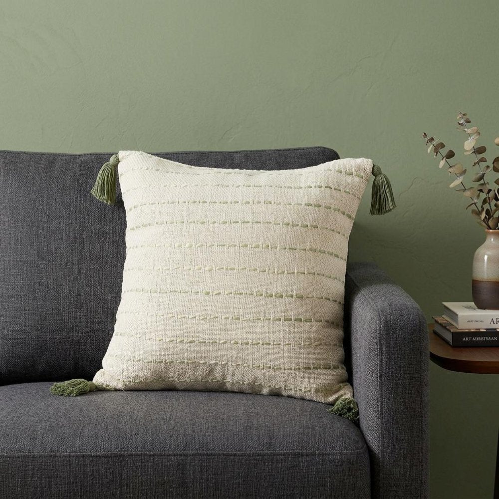 20" Sage And Ivory Striped Cotton Blend Throw Pillow with Tassels — view 10