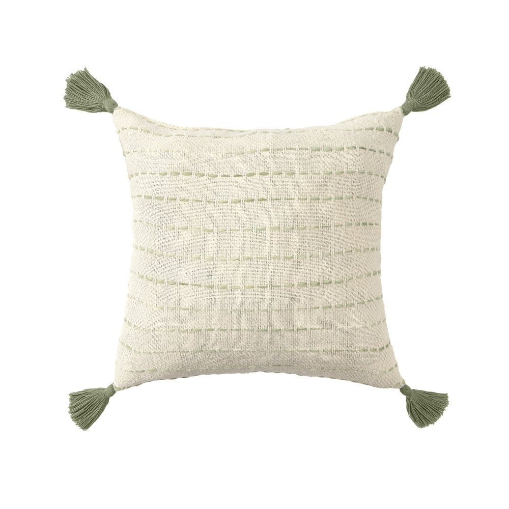 20" Sage And Ivory Striped Cotton Blend Throw Pillow with Tassels — view 1