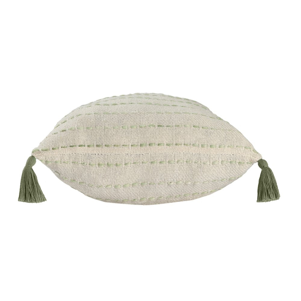 20" Sage And Ivory Striped Cotton Blend Throw Pillow with Tassels