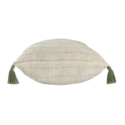 20" Sage And Ivory Striped Cotton Blend Throw Pillow with Tassels