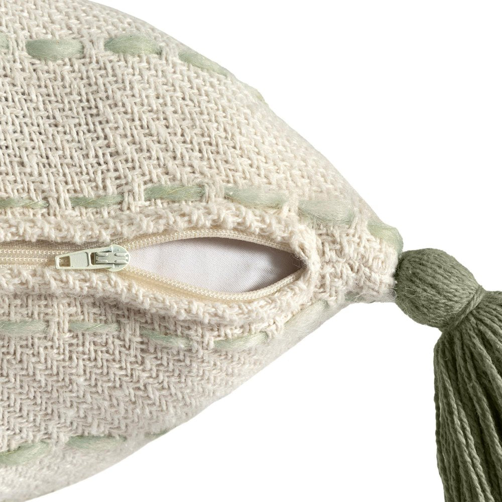20" Sage And Ivory Striped Cotton Blend Throw Pillow with Tassels